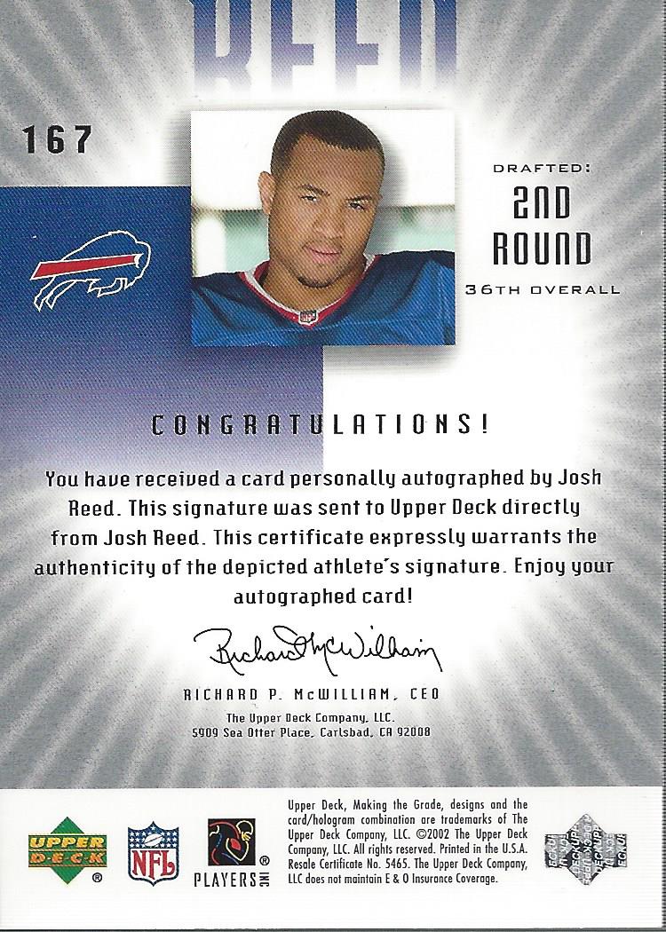 2002 UD Graded #167 Josh Reed P AU RC back image