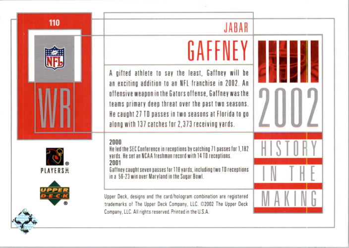 2002 UD Piece of History #110 Jabar Gaffney RC back image