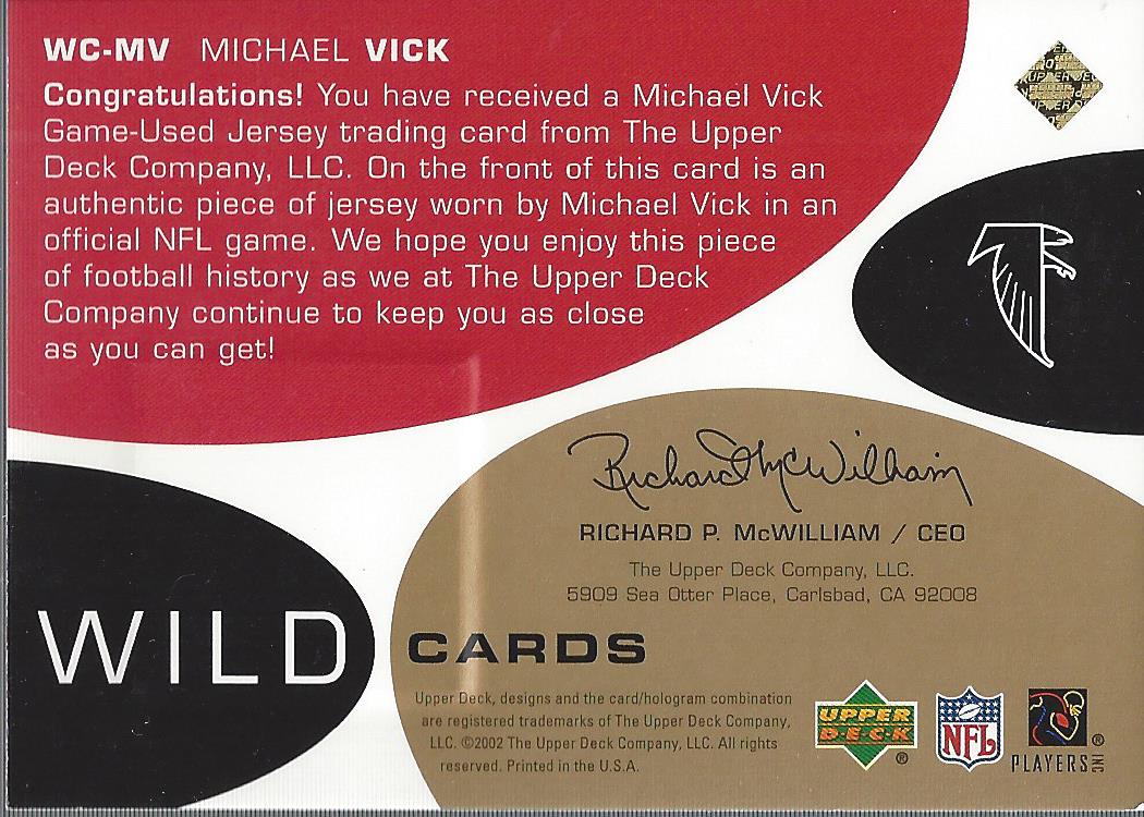 2002 Upper Deck Wildcard Jerseys Gold #WCMV Michael Vick back image