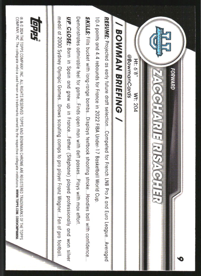 2023-24 Bowman Chrome University #9 Zaccharie Risacher