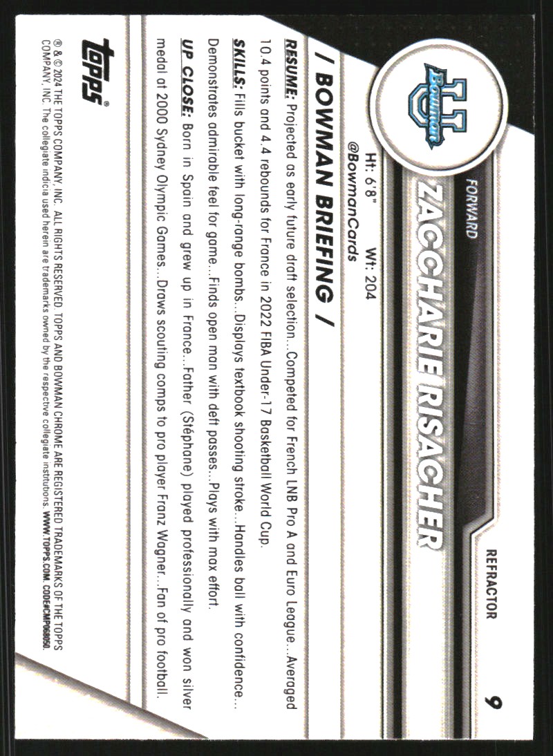 2023-24 Bowman Chrome University Refractors #9 Zaccharie Risacher