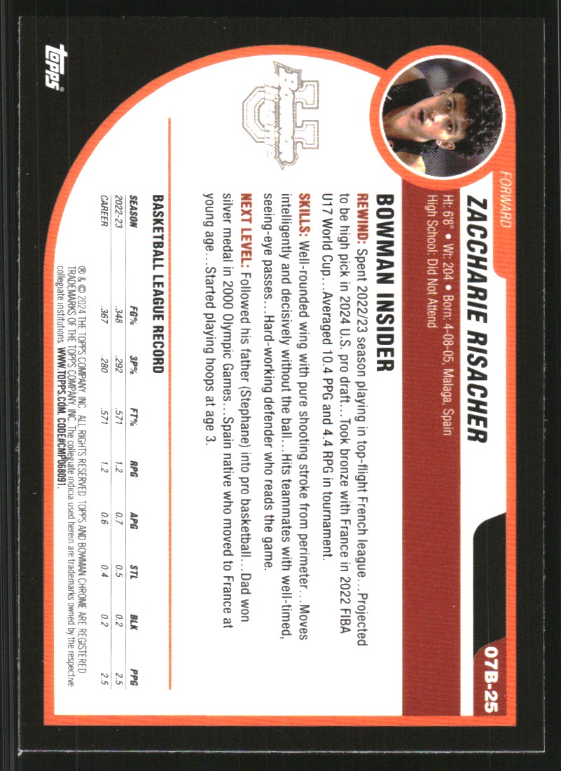 2023-24 Bowman Chrome University '07-08 Bowman #07B25 Zaccharie Risacher