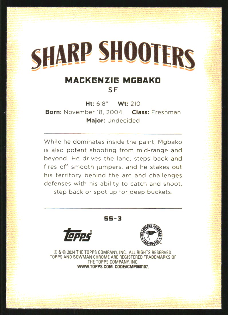 2023-24 Bowman Chrome University Sharp Shooters #SS3 Mackenzie Mgbako