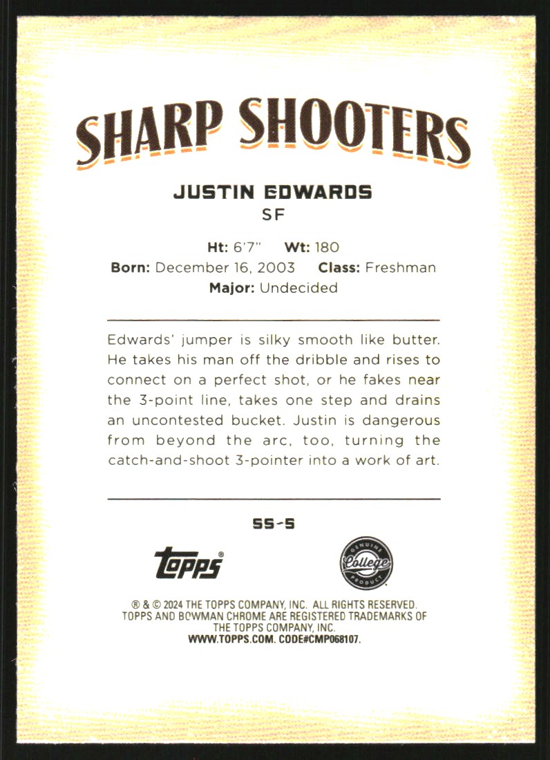 2023-24 Bowman Chrome University Sharp Shooters #SS5 Justin Edwards