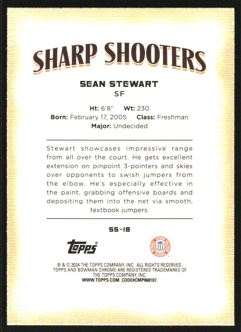 2023-24 Bowman Chrome University Sharp Shooters #SS18 Sean Stewart