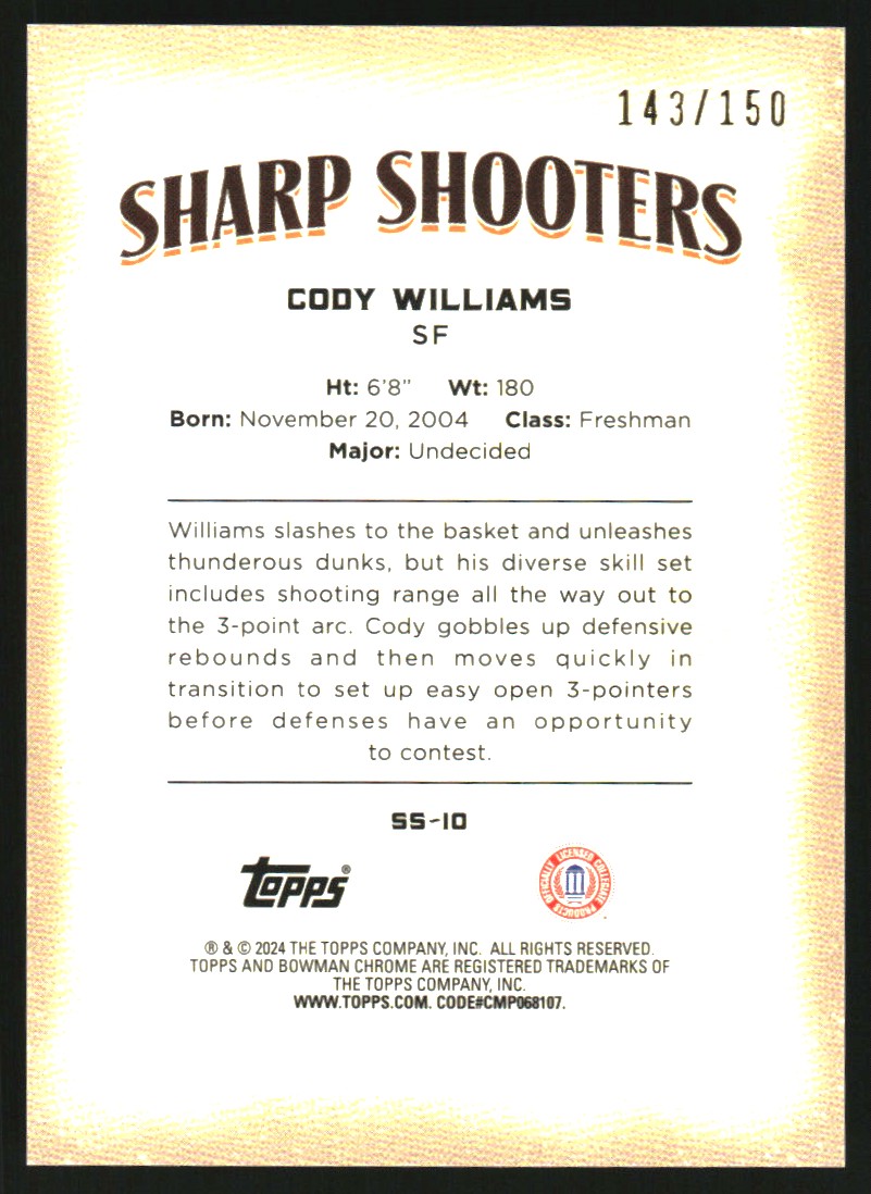 2023-24 Bowman Chrome University Sharp Shooters RayWave Refractors #SS10 Cody Williams