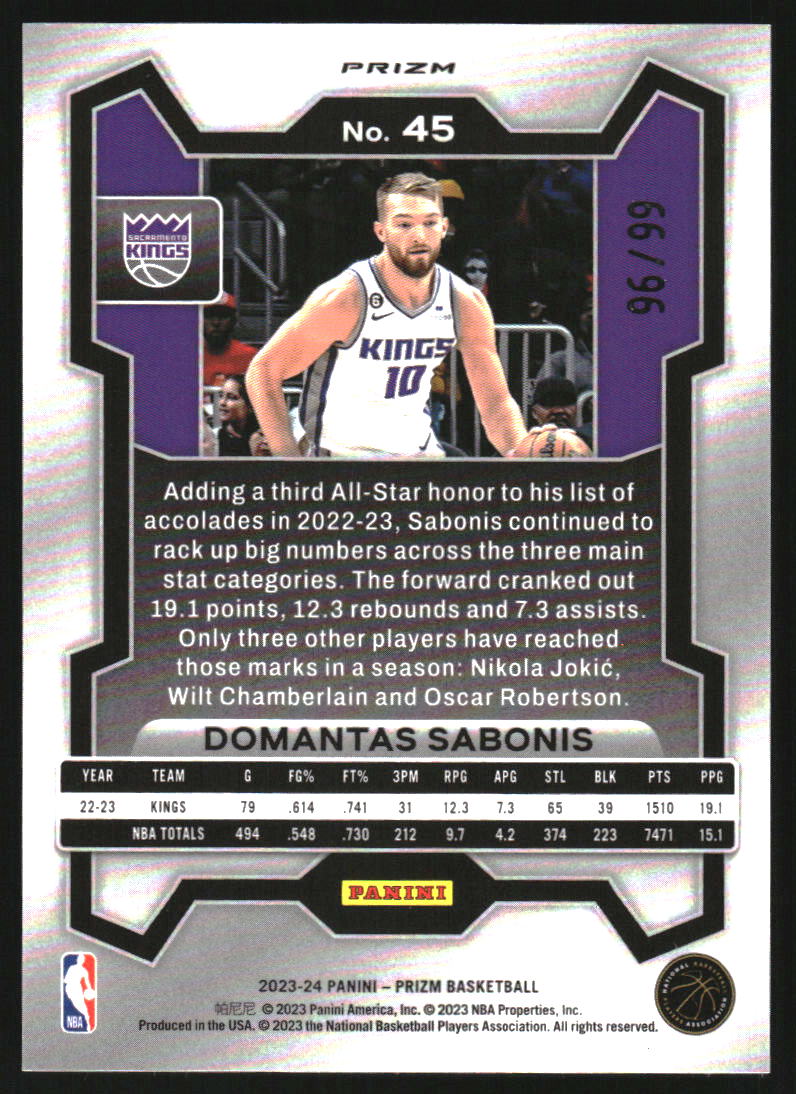 2023-24 Panini Prizm Prizms Blue Seismic #45 Domantas Sabonis /99