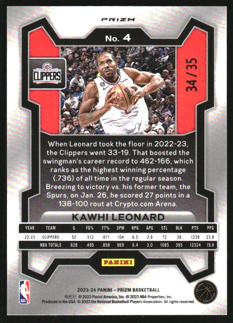 2023-24 Panini Prizm Prizms Blue Shimmer FOTL #4 Kawhi Leonard /35