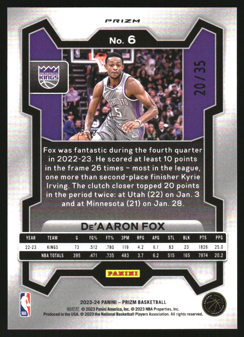 2023-24 Panini Prizm Prizms Blue Shimmer FOTL #6 De'Aaron Fox