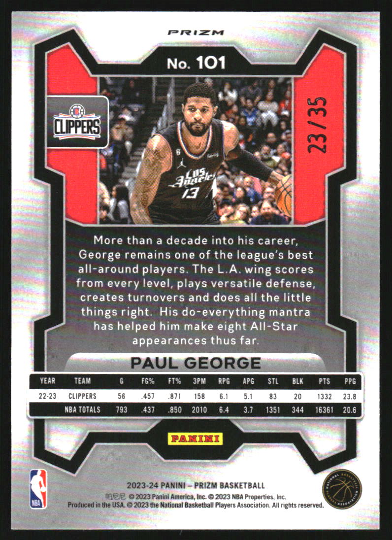 2023-24 Panini Prizm Prizms Blue Shimmer FOTL #101 Paul George /35