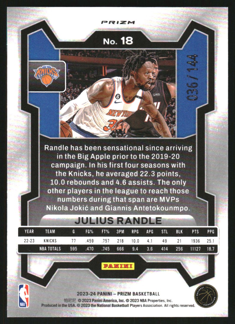2023-24 Panini Prizm Prizms Blue Sparkle #18 Julius Randle