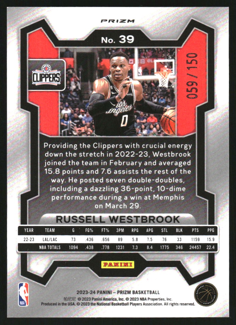 2023-24 Panini Prizm Prizms Fast Break Blue #39 Russell Westbrook
