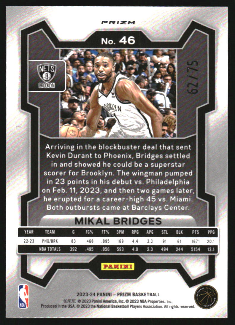 2023-24 Panini Prizm Prizms Red Power #46 Mikal Bridges /75