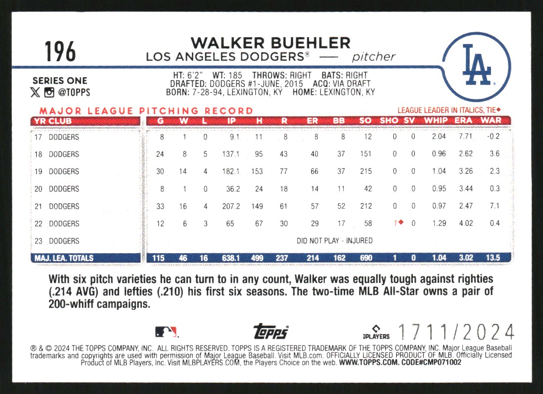 2024 Topps Gold #196 Walker Buehler