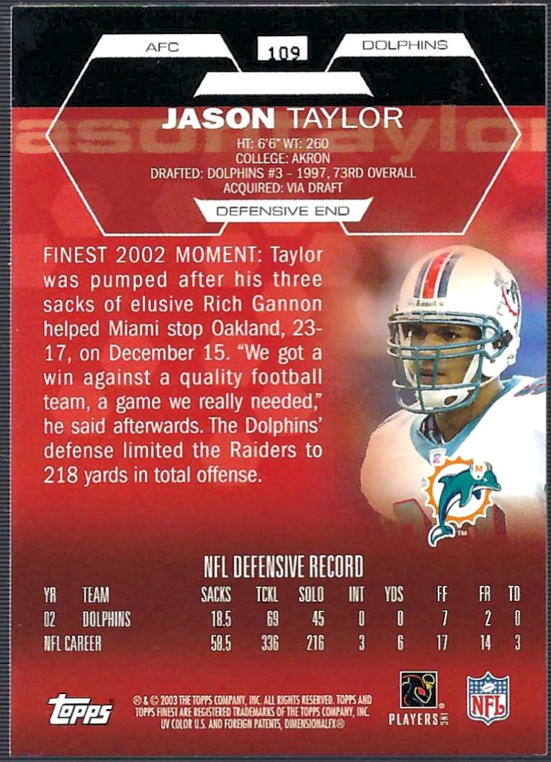 Jason Taylor football card (Miami Dolphins) 1998 Fleer Tradition