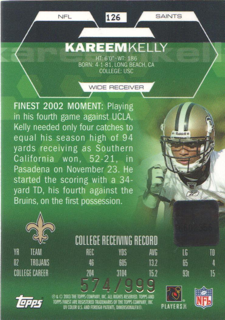 2003 Finest #126 Kareem Kelly AU RC back image