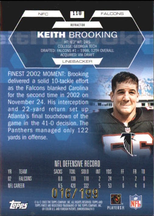 2003 Finest Refractors #118 Keith Brooking JSY back image