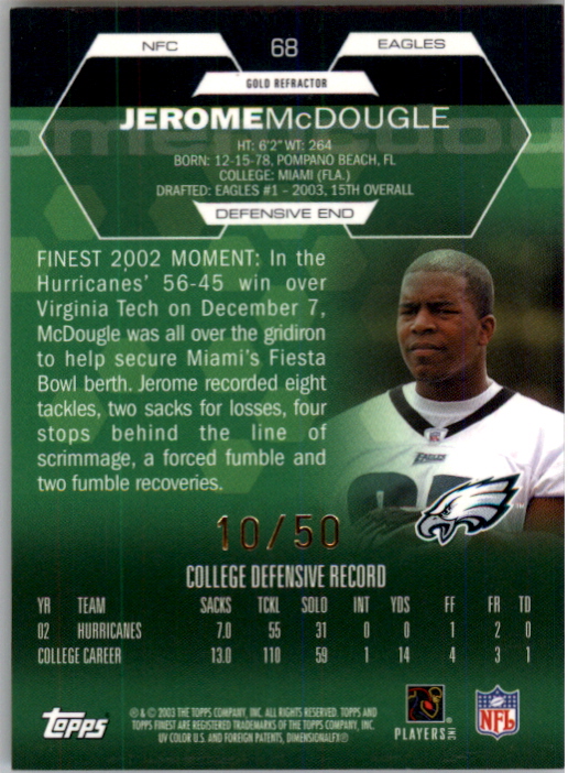2003 Finest Gold Refractors #68 Jerome McDougle