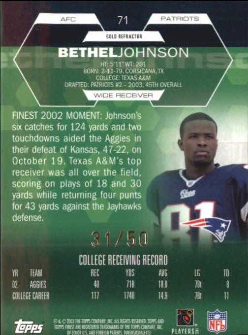 2003 Finest Gold Refractors #71 Bethel Johnson