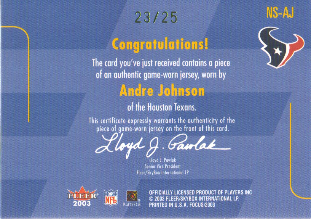 2003 Fleer Focus Shirtified Jerseys Nameplates #13 Andre Johnson back image