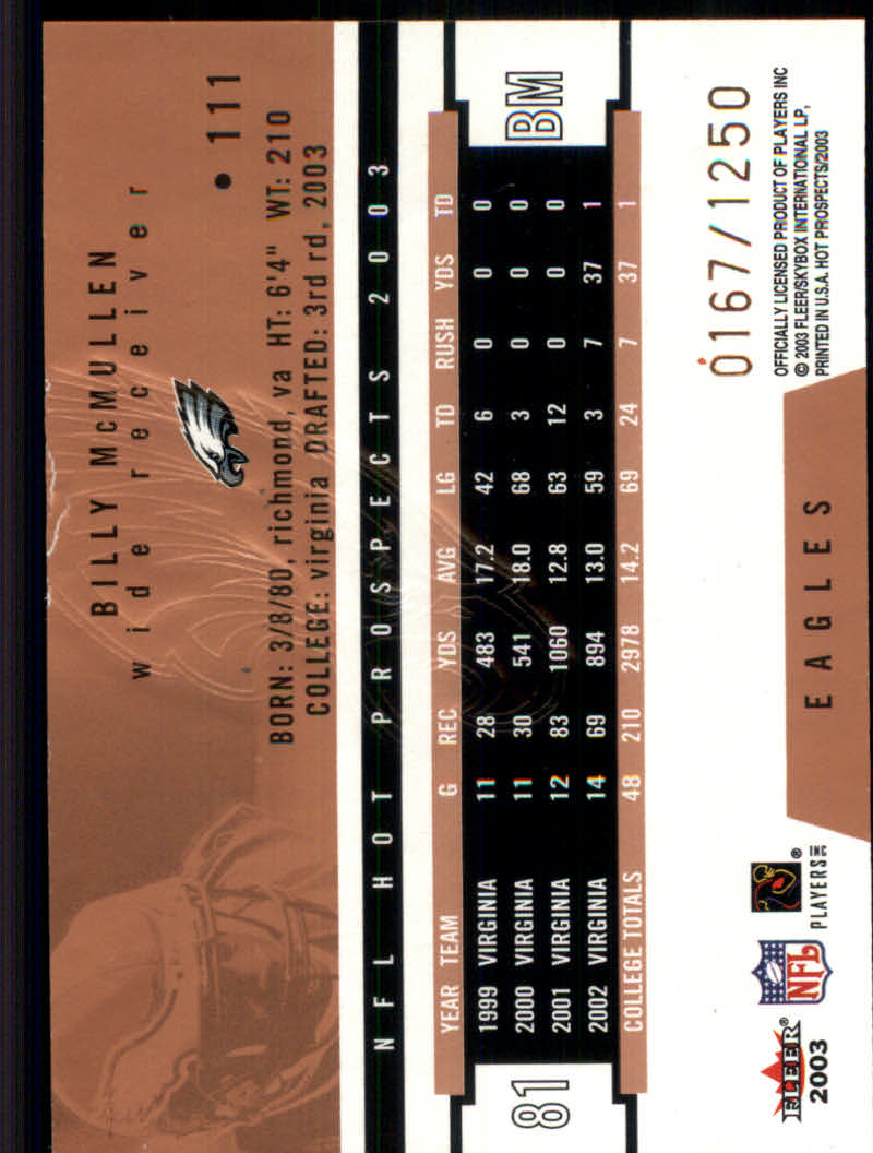 2003 Hot Prospects #111 Billy McMullen RC back image