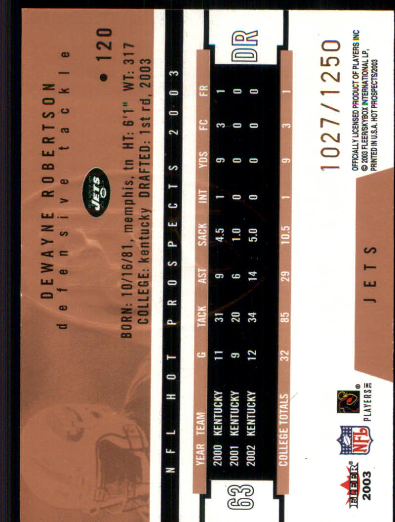 2003 Hot Prospects #120 DeWayne Robertson RC back image