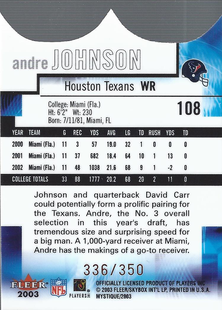 2003 Fleer Mystique Rookie Blue #108 Andre Johnson back image