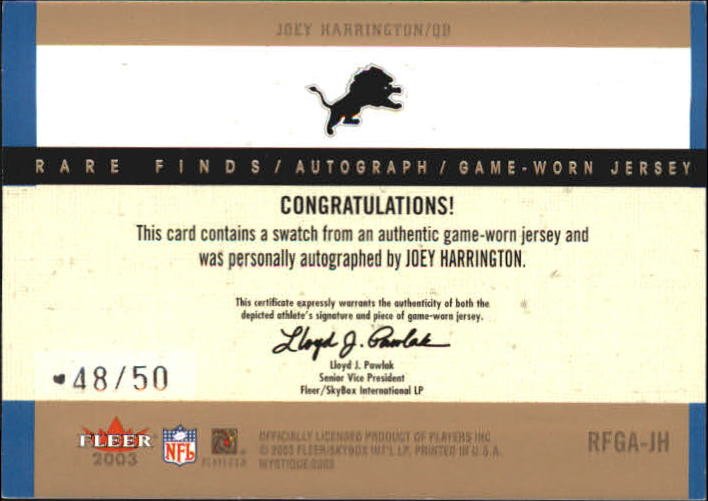 2003 Fleer Mystique Rare Finds Jersey Autographs #JH Joey Harrington