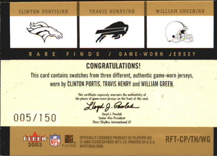 2003 Fleer Mystique Rare Finds Jersey Triples #CPTHWG Portis/Henry/Green