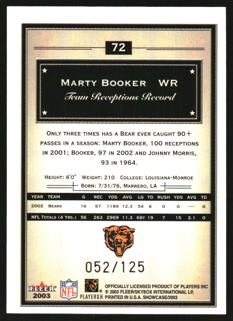2003 Fleer Showcase Legacy #72 Marty Booker back image