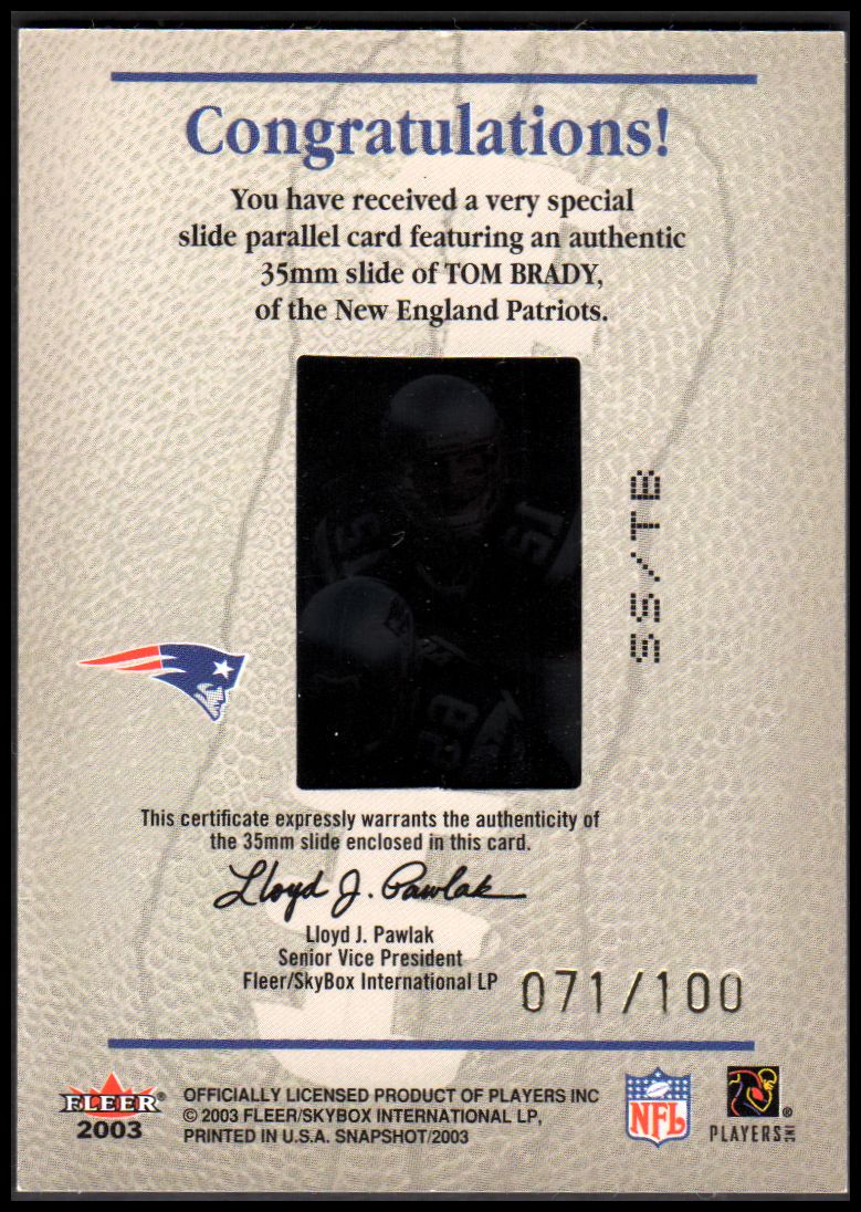 2003 Fleer Snapshot Slides #12 Tom Brady back image