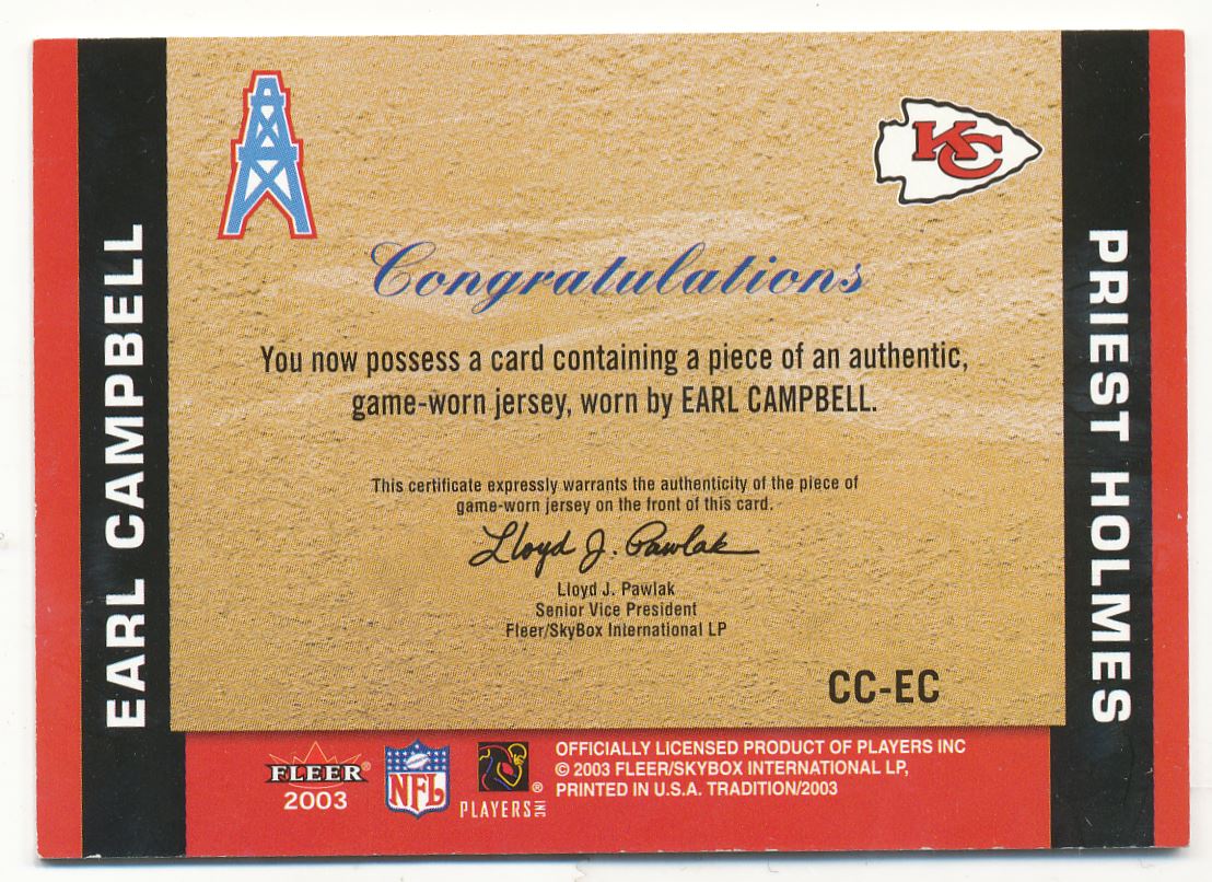2003 Fleer Tradition Classic Combinations Memorabilia #1 Earl Campbell JSY/Priest Holmes back image