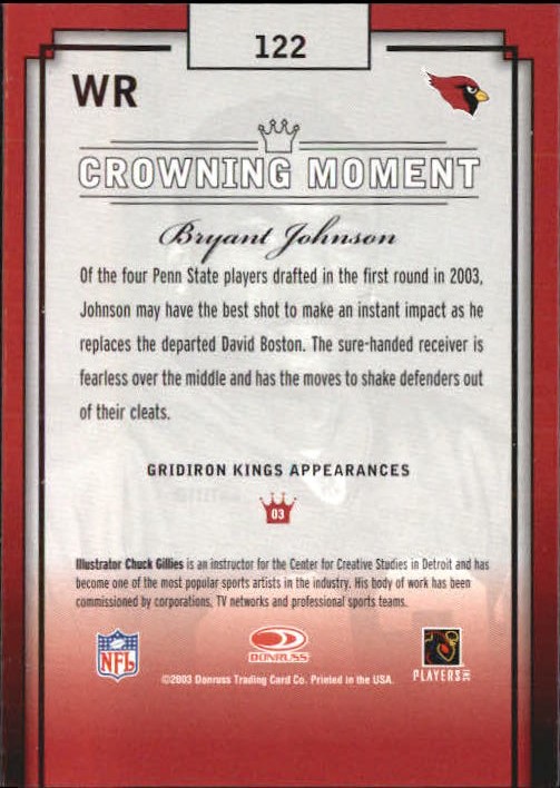 2003 Gridiron Kings #122 Bryant Johnson RC back image