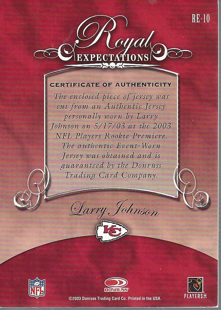 2003 Gridiron Kings Royal Expectations Materials Gold #RE10 Larry Johnson back image