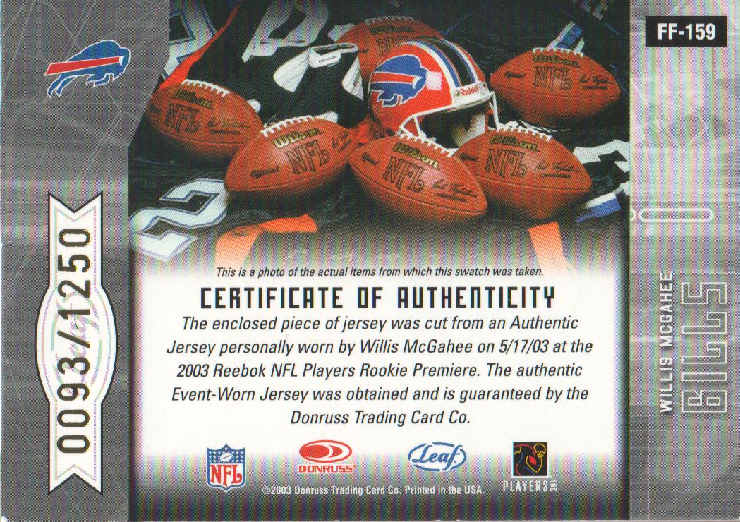 2003 Leaf Certified Materials #159 Willis McGahee JSY RC back image