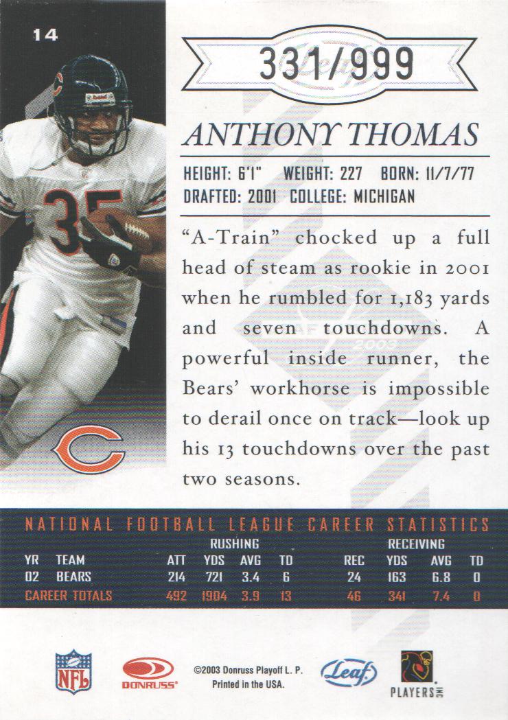 2003 Leaf Limited #14 Anthony Thomas back image