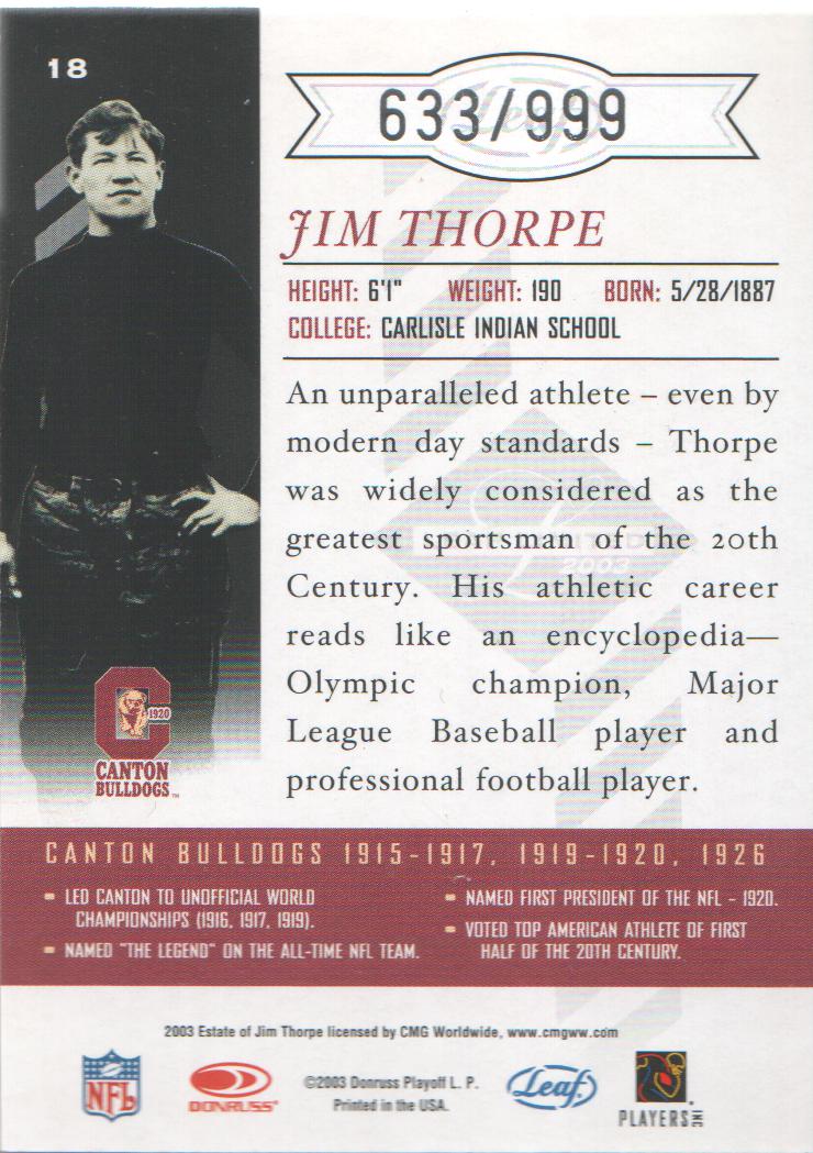2003 Leaf Limited #18 Jim Thorpe back image