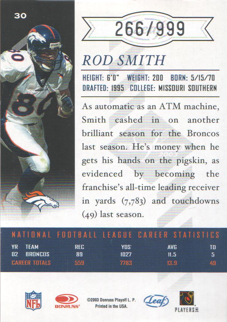 2003 Leaf Limited #30 Rod Smith back image