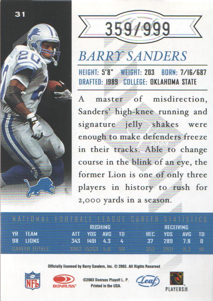 2003 Leaf Limited #31 Barry Sanders back image
