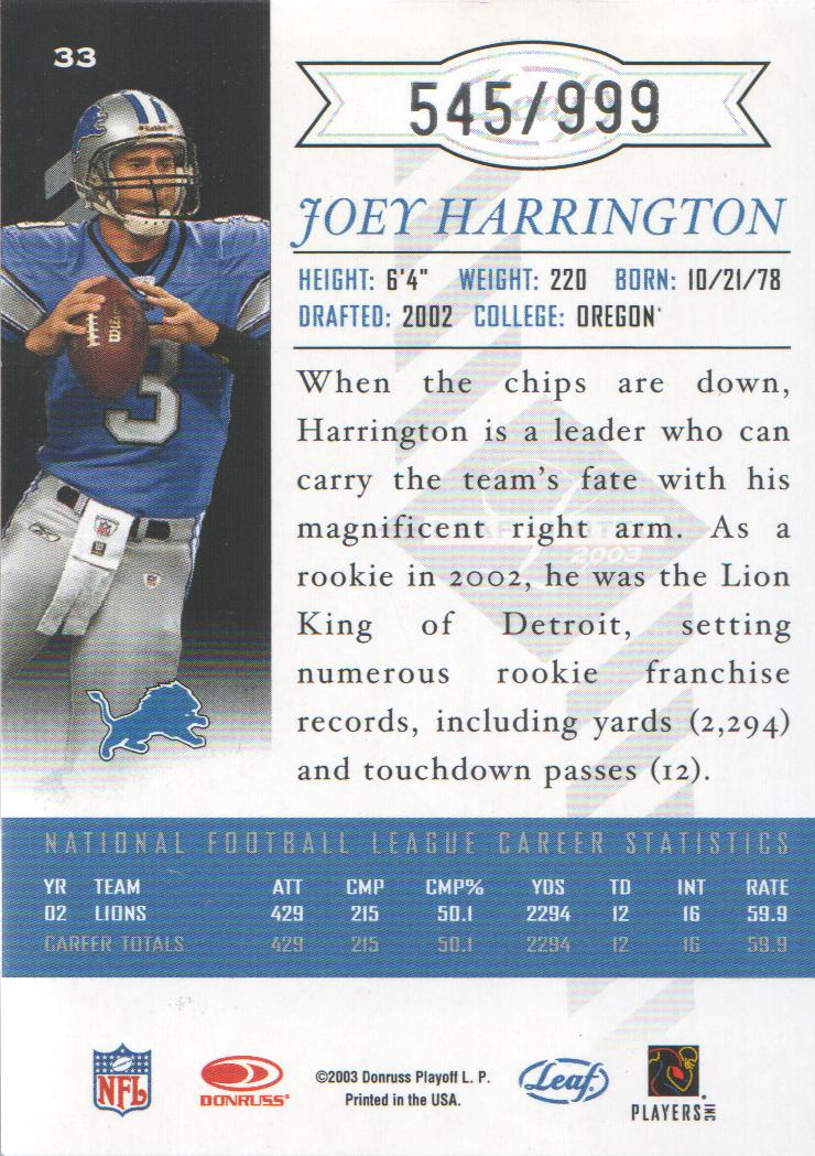 2003 Leaf Limited #33 Joey Harrington back image