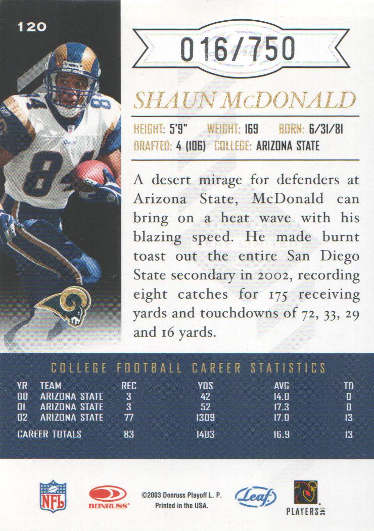 2003 Leaf Limited #120 Shaun McDonald RC back image