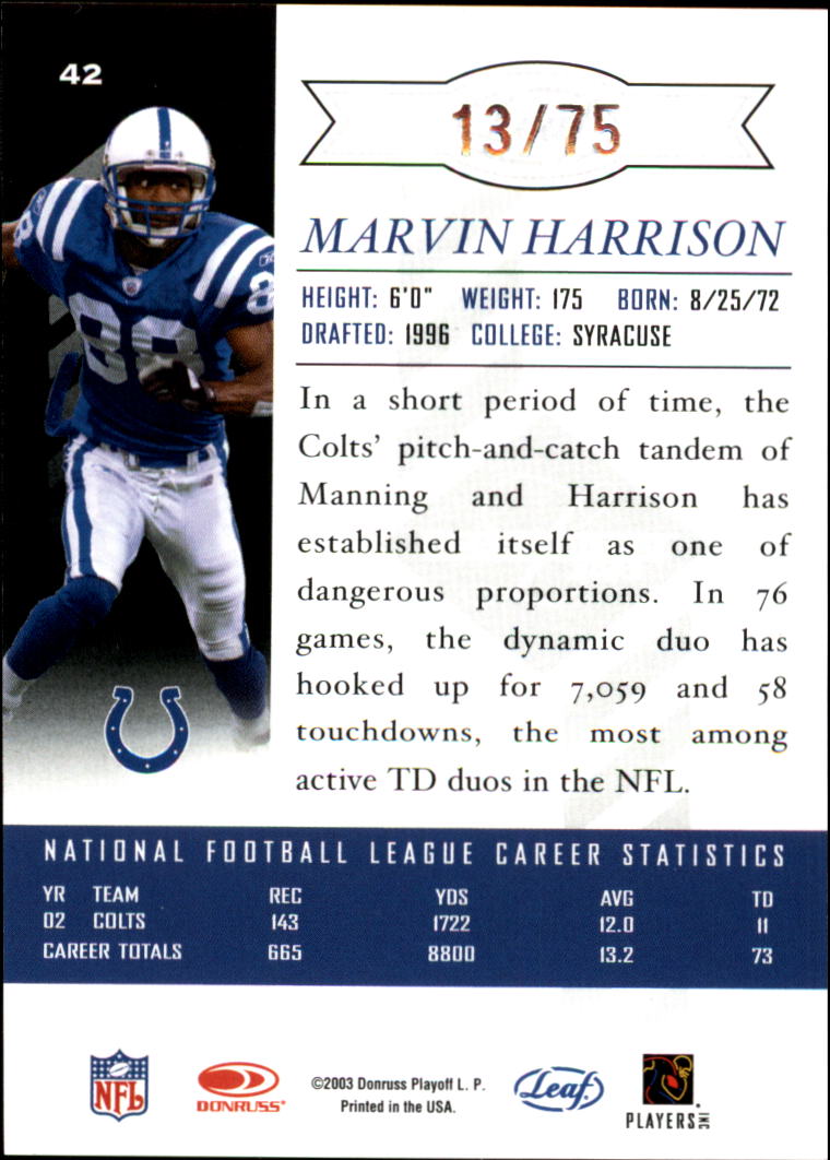 2003 Leaf Limited Silver Spotlight #42 Marvin Harrison back image