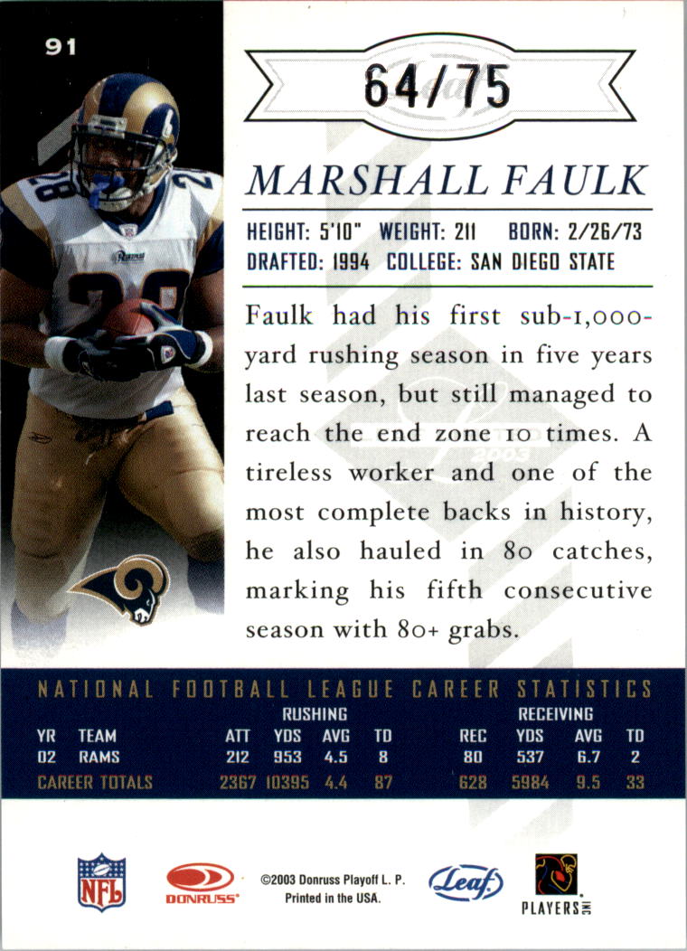 2003 Leaf Limited Silver Spotlight #91 Marshall Faulk back image