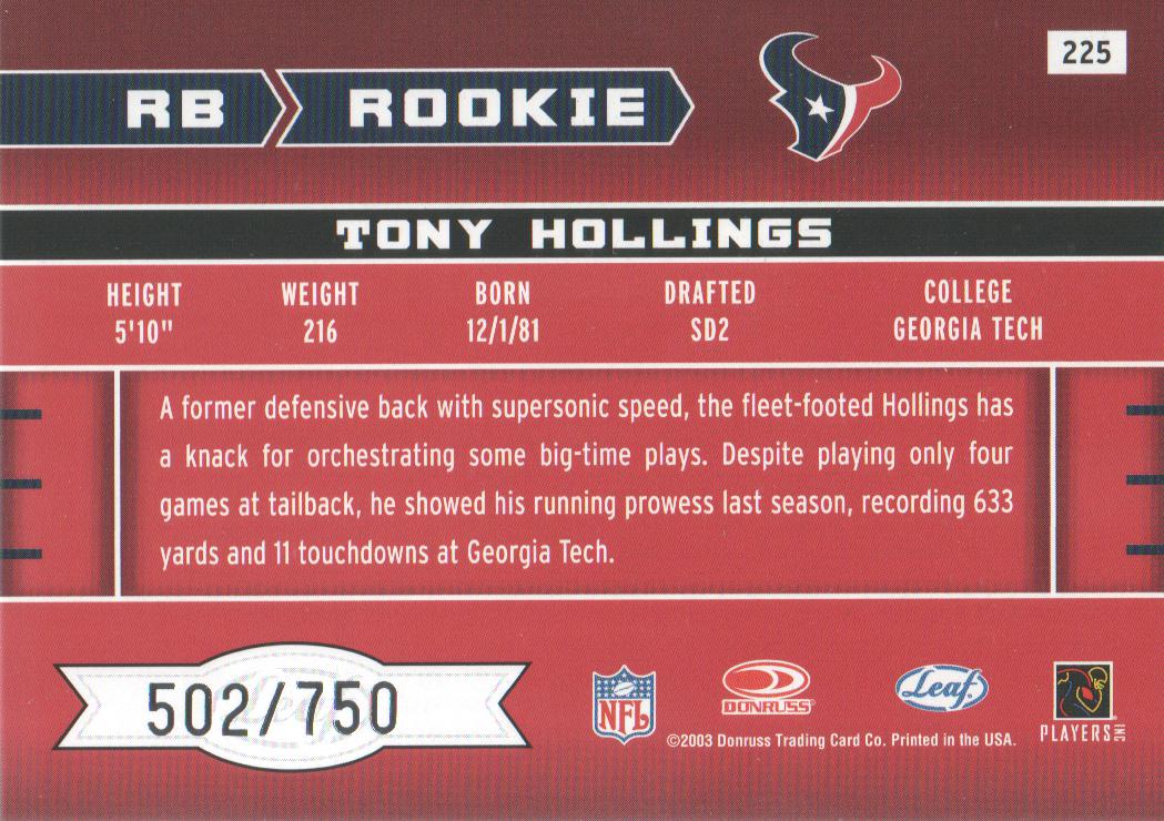 2003 Leaf Rookies and Stars #225 Tony Hollings RC back image