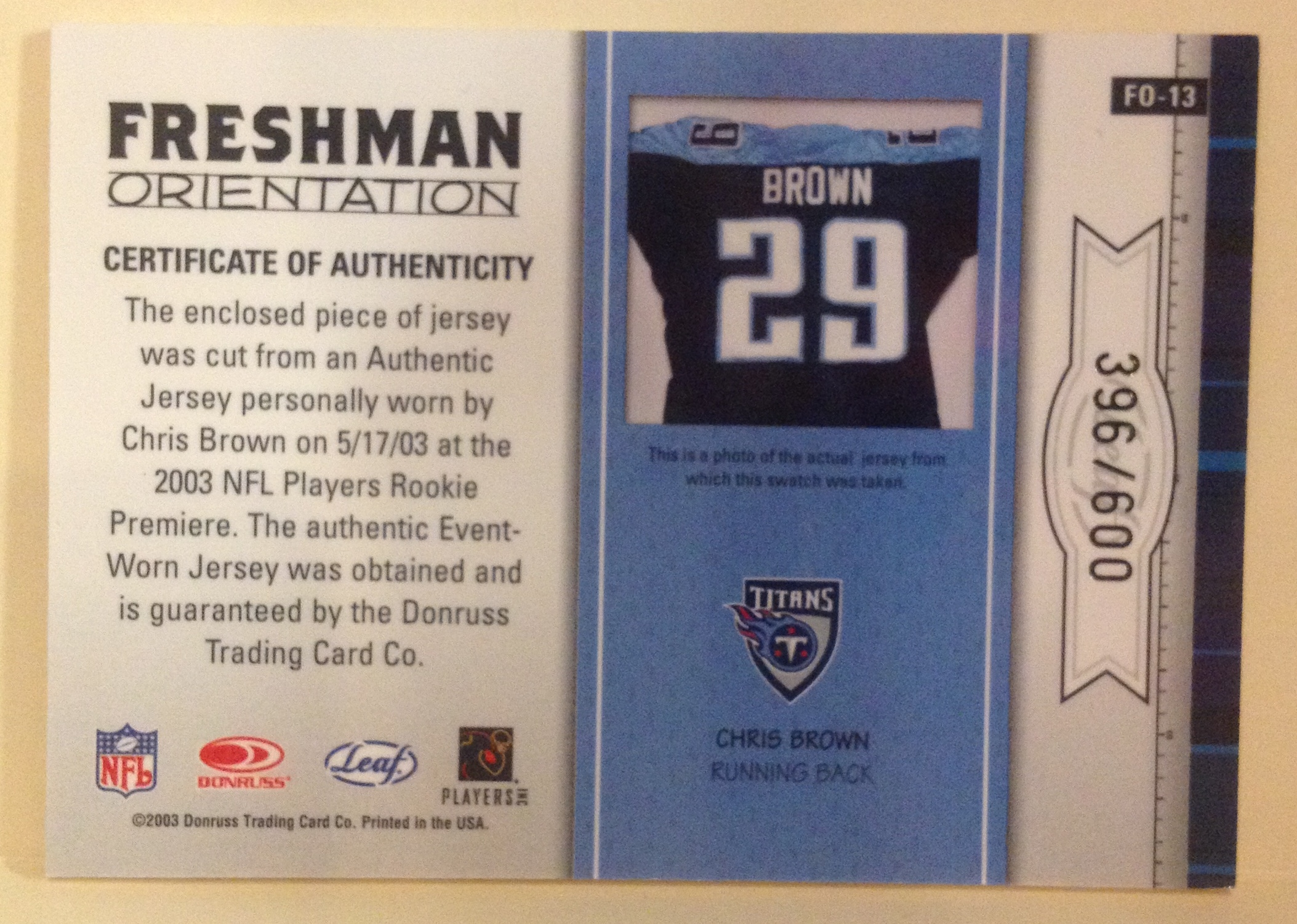 2003 Leaf Rookies and Stars Freshman Orientation Jersey #FO13 Chris Brown back image