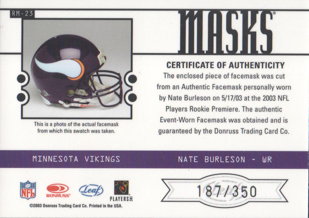 2003 Leaf Rookies and Stars Masks #RM23 Nate Burleson back image