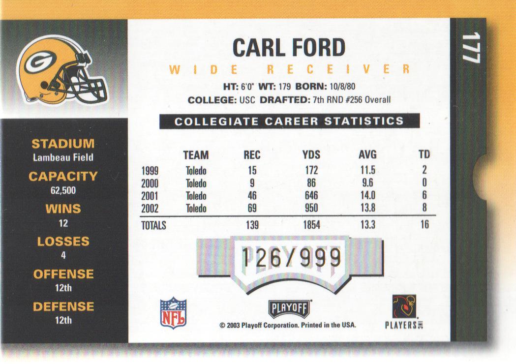 2003 Playoff Contenders #177 Carl Ford AU/999 RC back image