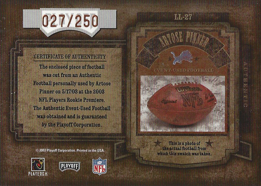 2003 Playoff Hogg Heaven Leather in Leather #LL27 Artose Pinner back image