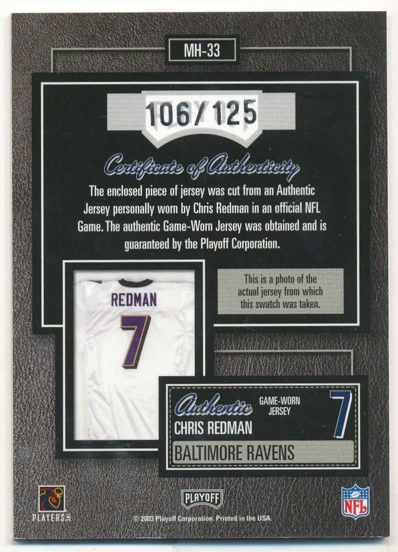 2003 Playoff Hogg Heaven Material Hoggs Silver #MH33 Chris Redman back image