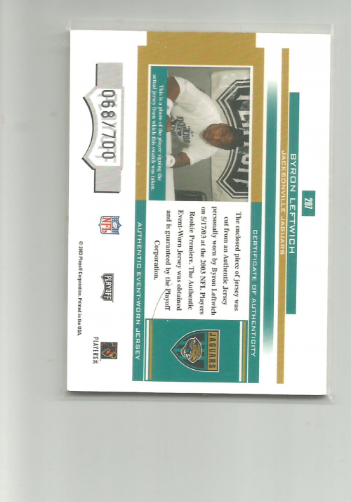 2003 Playoff Honors #207 Byron Leftwich JSY RC back image